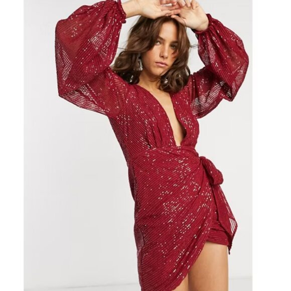 New ASOS Sequin Mini Dress Long Balloon Sleeve Wedding Guest New Years Eve NYE - Picture 1 of 12